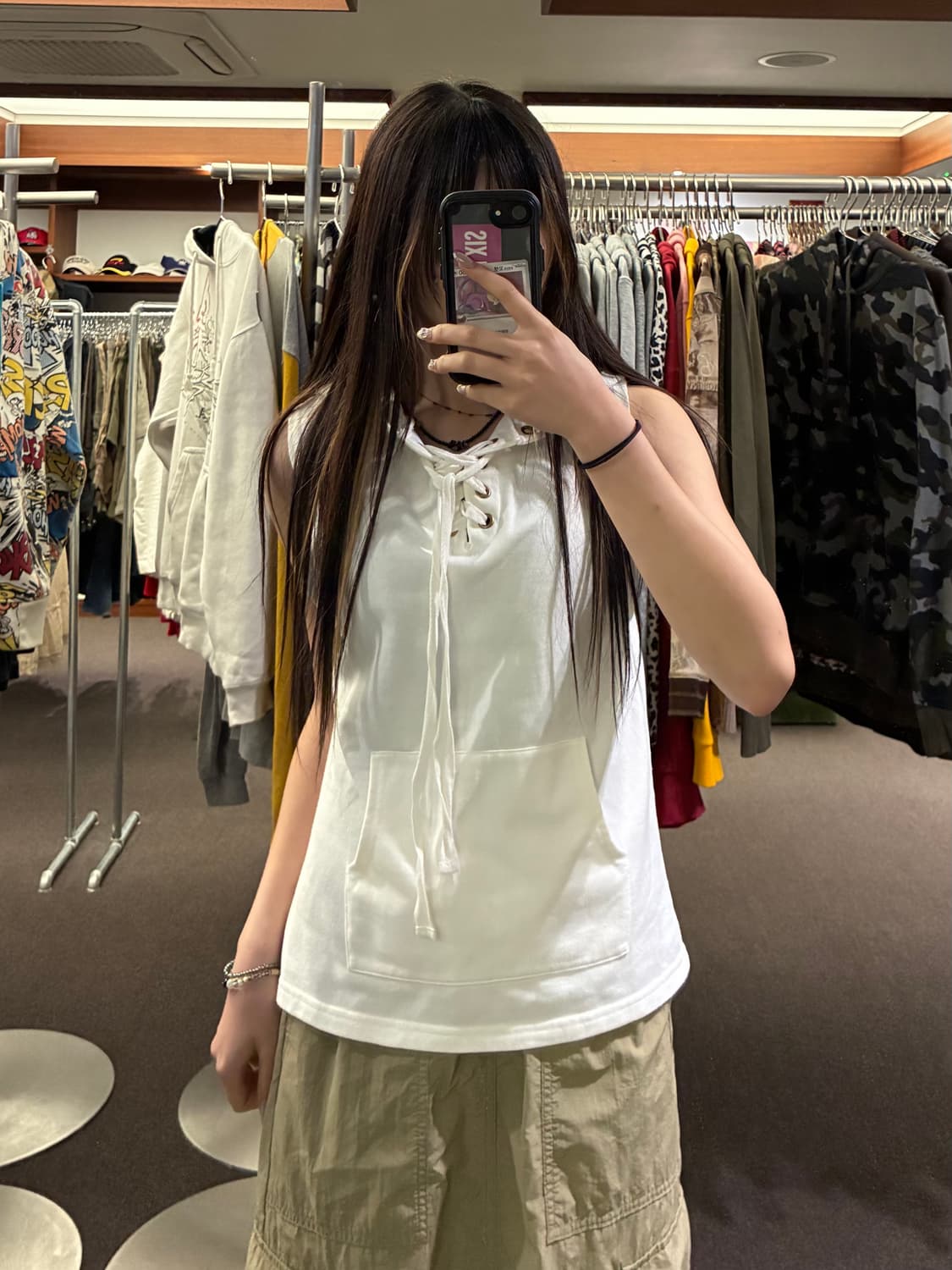 M)Clef de Sol 빈티지 여성 레이스업 후드 나시 상품이미지1