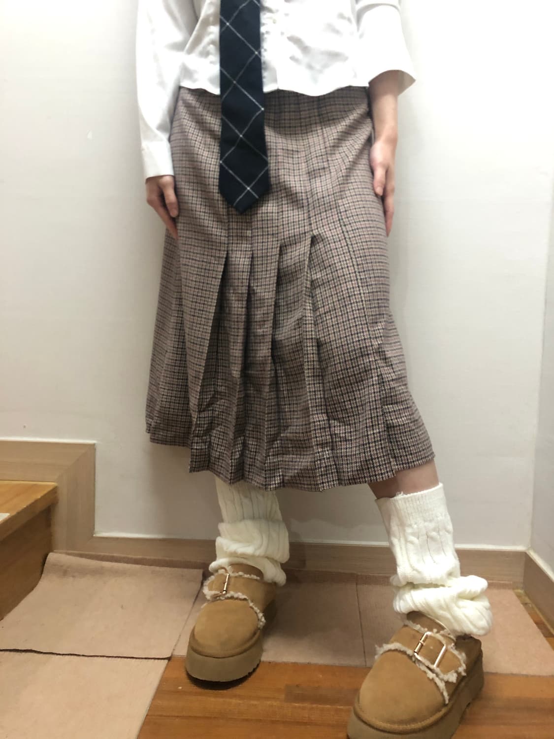 빈티지 브라운 핑크 체크 울 스커트 상품이미지1
