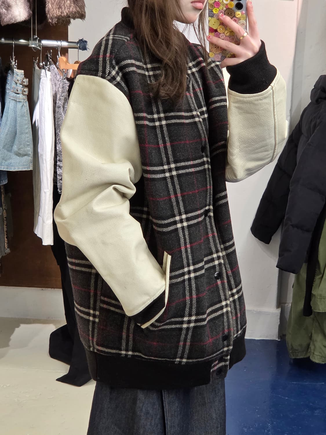 Japanese vtg 노바체크 돈피 레더 바시티 자켓 상품이미지3