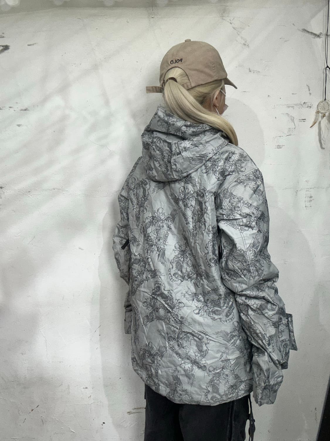 키스마크 일본 빈티지 그레이 패턴 오버핏 후드 바람막이 올드스쿨 점퍼 M 상품이미지3