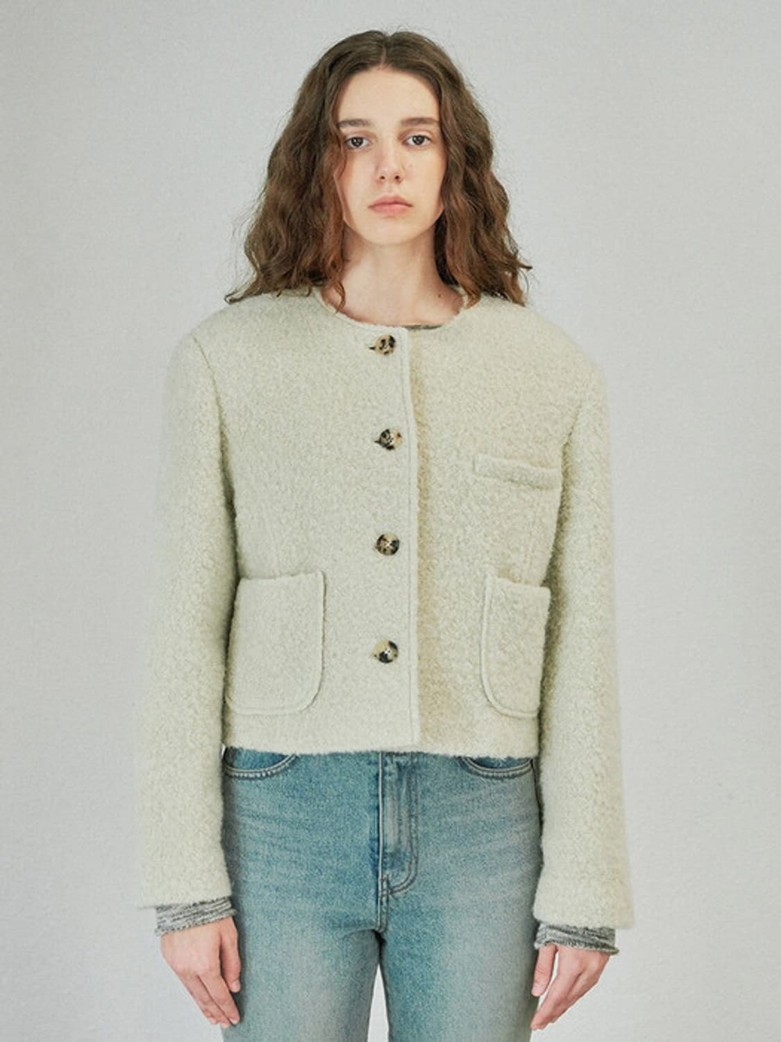 택O) 다이애그널 덤블 노 카라 자켓 베이지 [박규영 착용] 상품이미지3