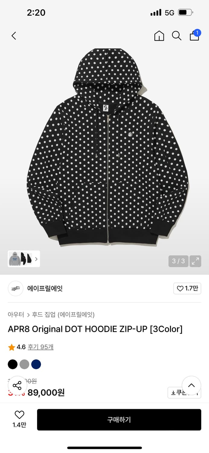 에이프릴에잇 original dot hoodie zip up (블랙) 상품이미지1