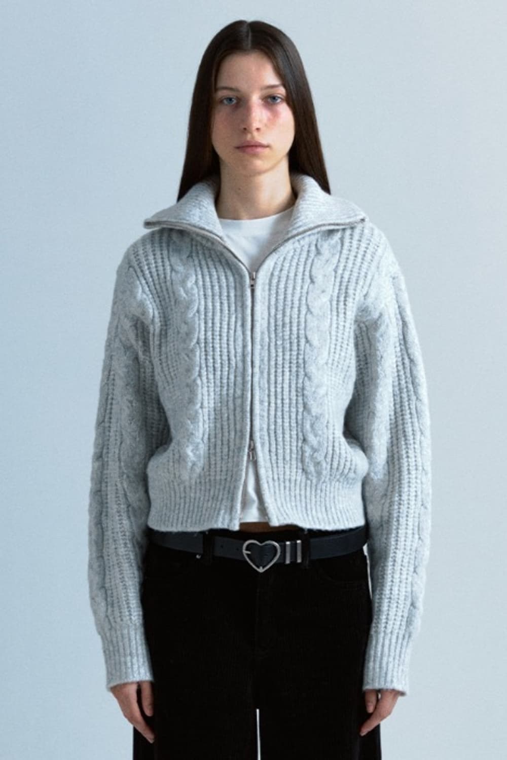 플랙 트위스트 집업 니트 가디건(라이트그레이) 상품이미지1