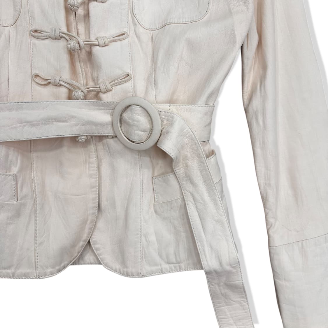 Real leather China button belted jacket 상품이미지4