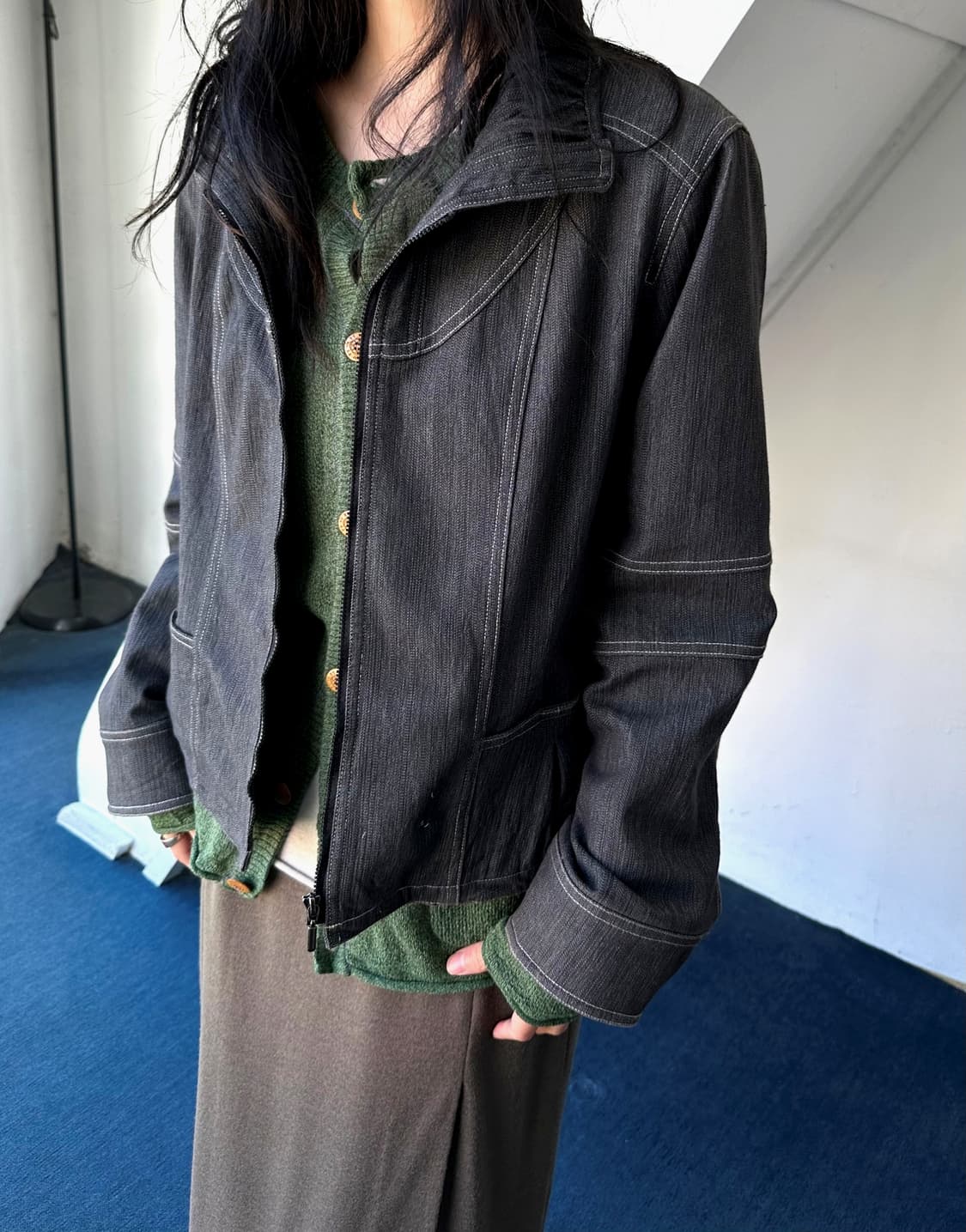 Cotton poly denim zip design jacket 상품이미지2