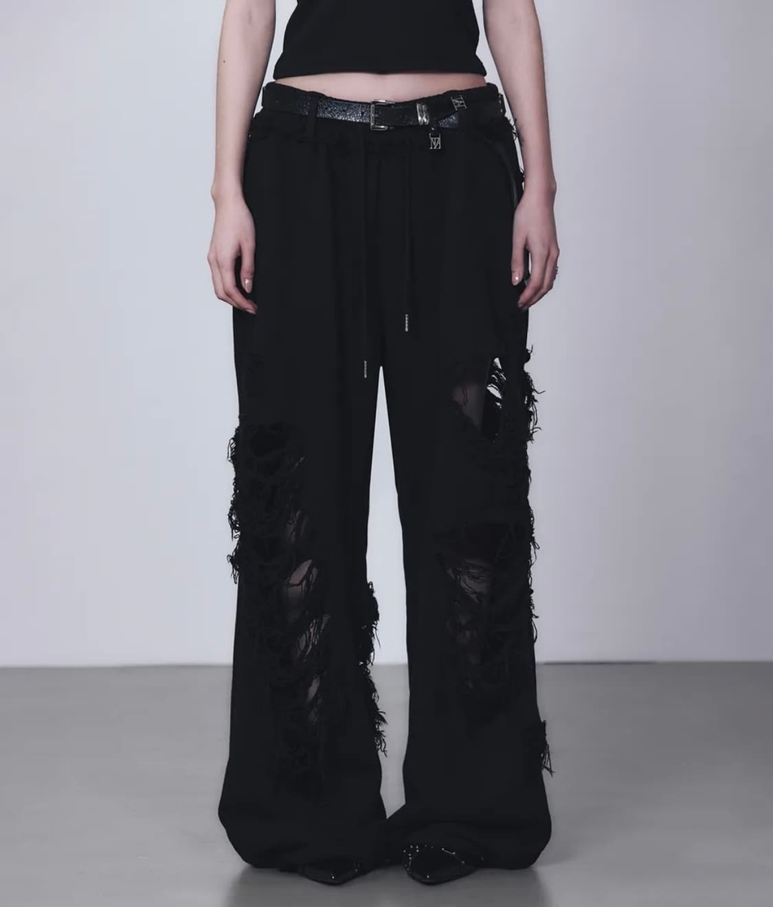 트리밍버드 스크래치 데미지 와이드 스웻 팬츠 블랙 상품이미지2