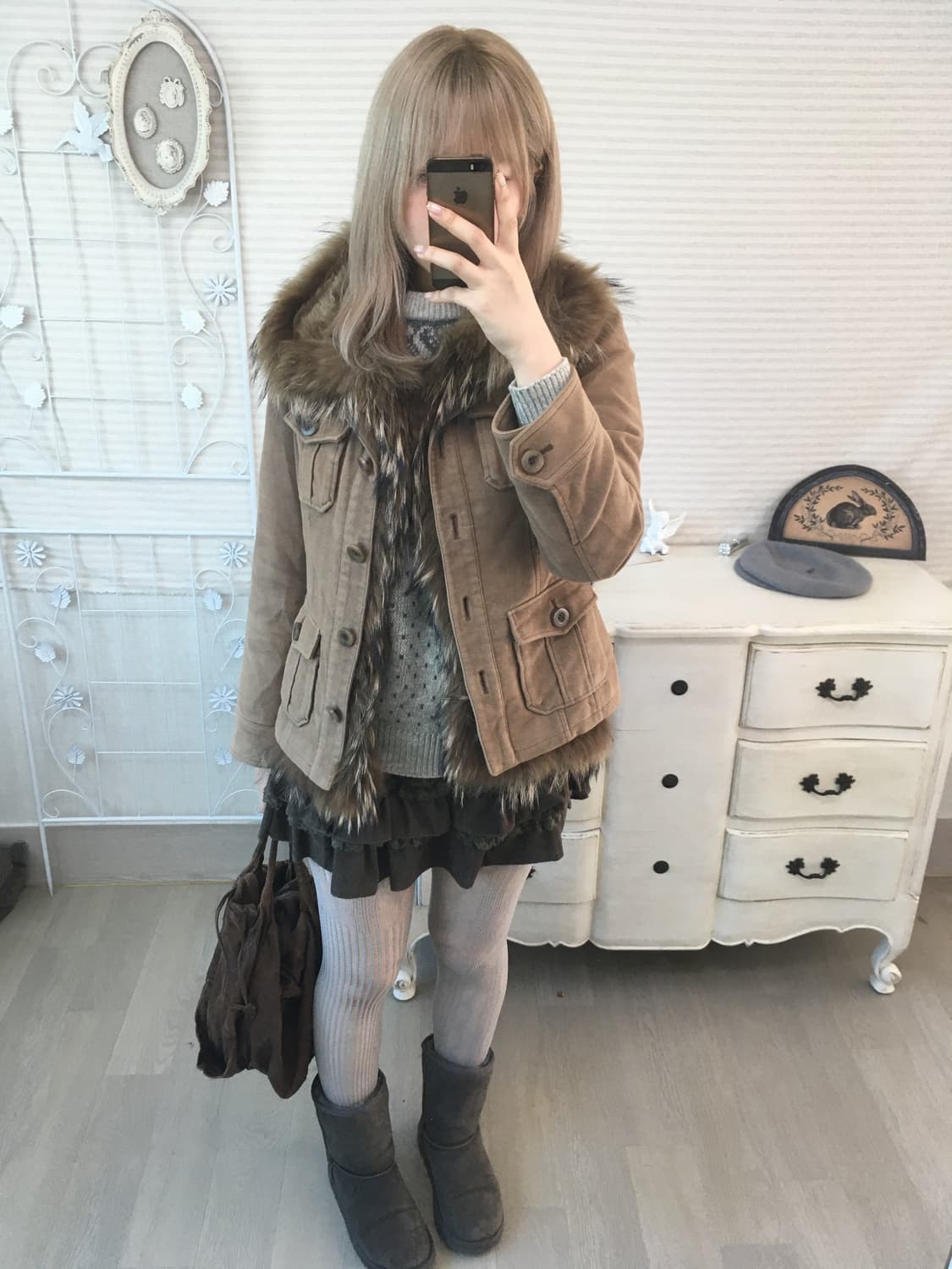 Vintage camel brown fur trimming jumper 상품이미지1