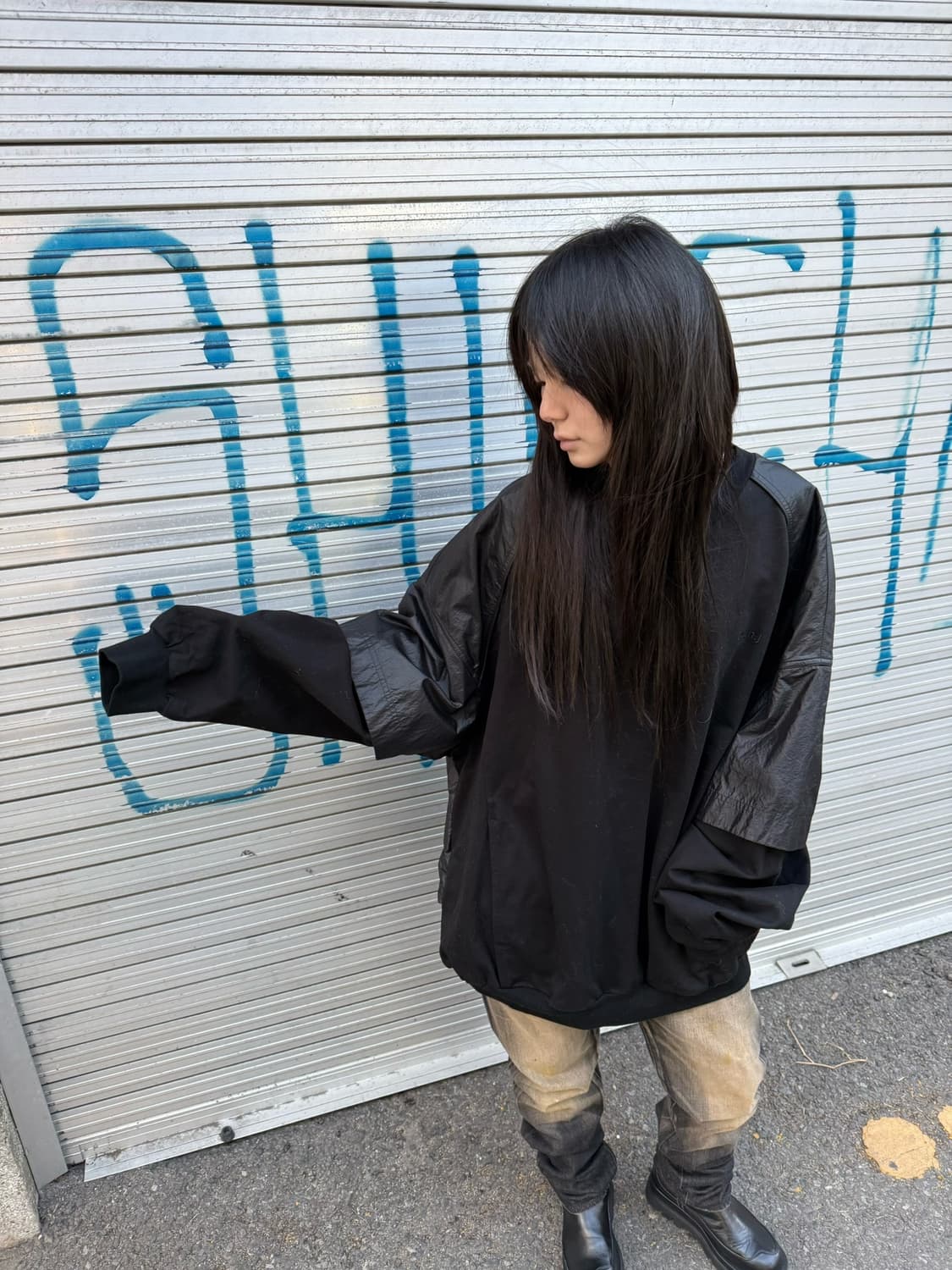 준지 블랙 나일론 레이어드 스웻셔츠 상품이미지3