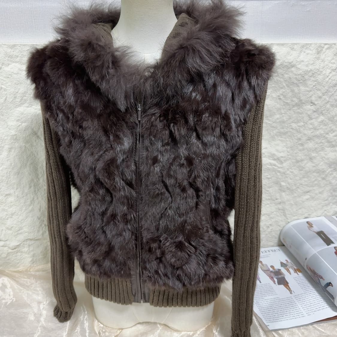 빈티지 브라운 폭스퍼 후드 웨이브 토끼털 양가죽 니트자켓 후드집업 상품이미지1