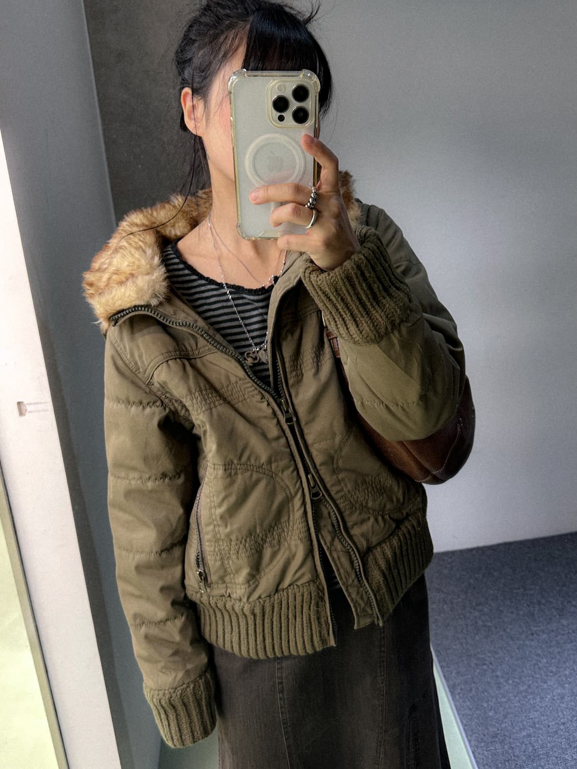 khaki fur collar padded jacket 상품이미지2