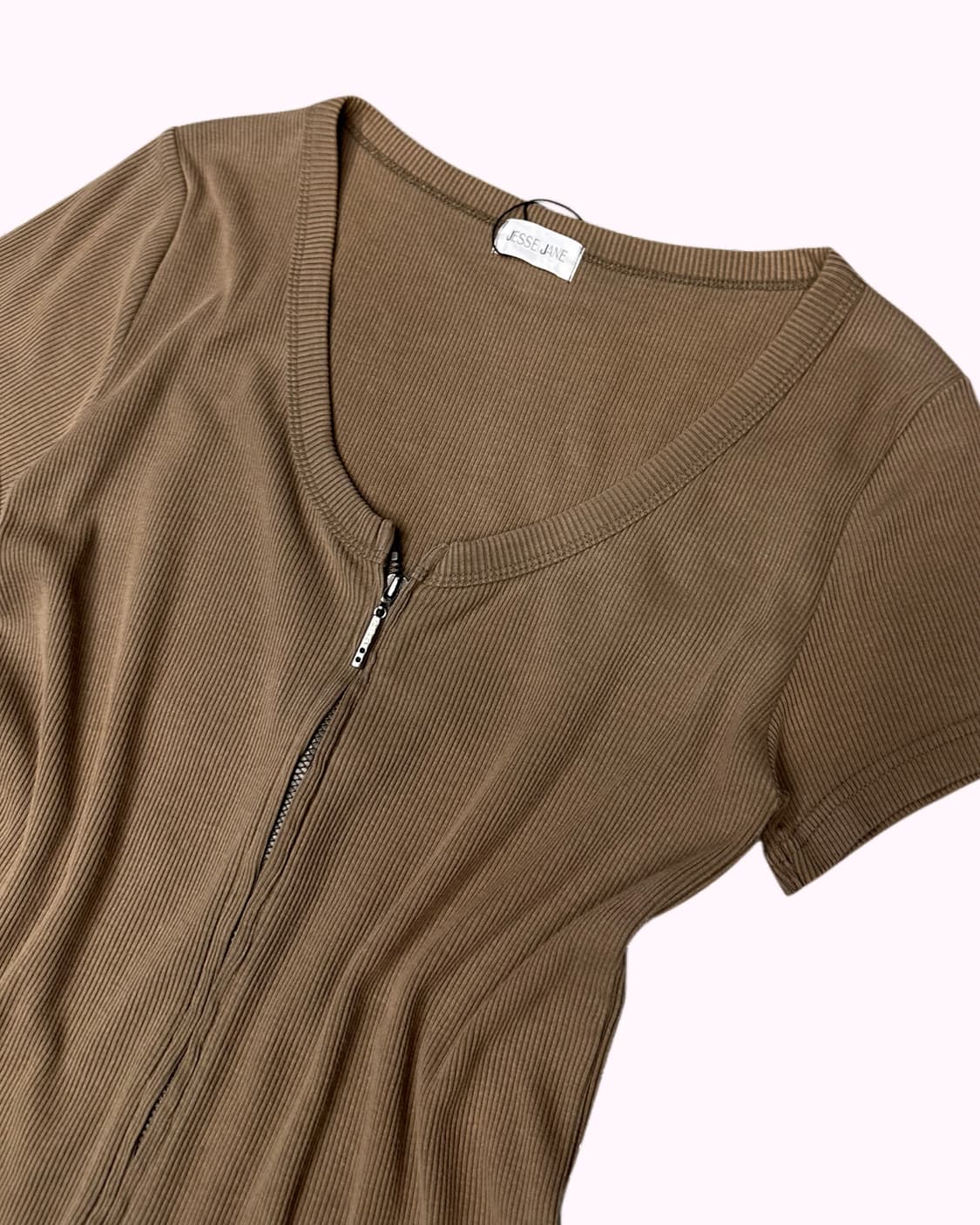 brown ribbed zip-up top 상품이미지2