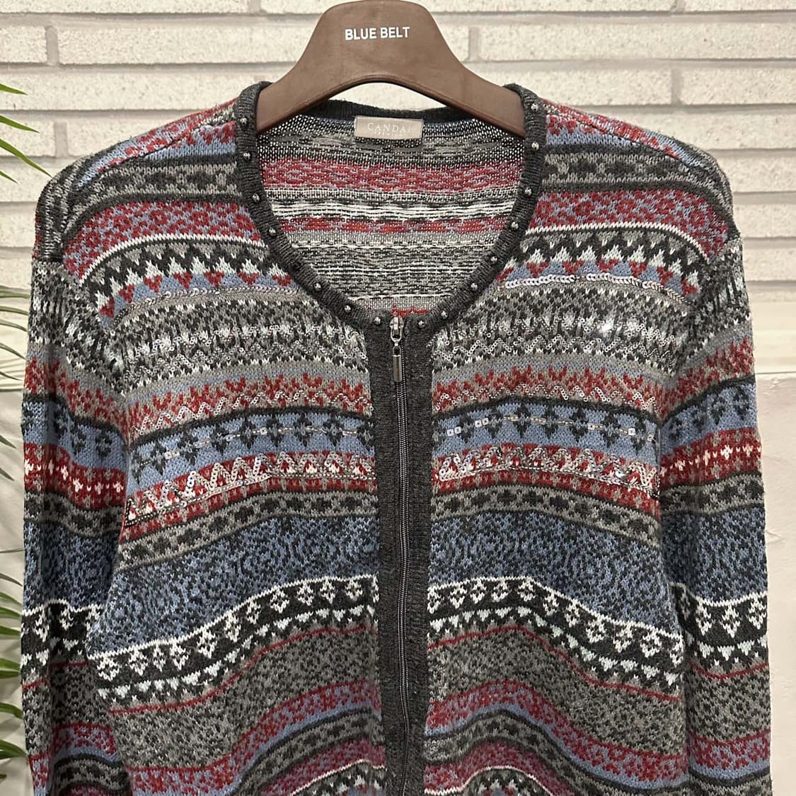 USA VINTAGE 니트 집업 가디건 노르딕 패턴 배색 디테일 블루 상품이미지4