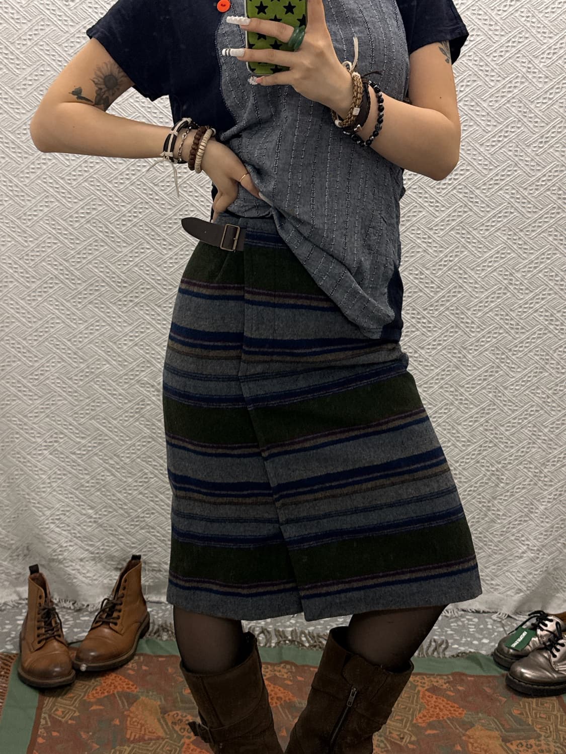 빈티지 하구미 에스닉 히피 스트라이프 벨티드 미디스커트 K0126 상품이미지1