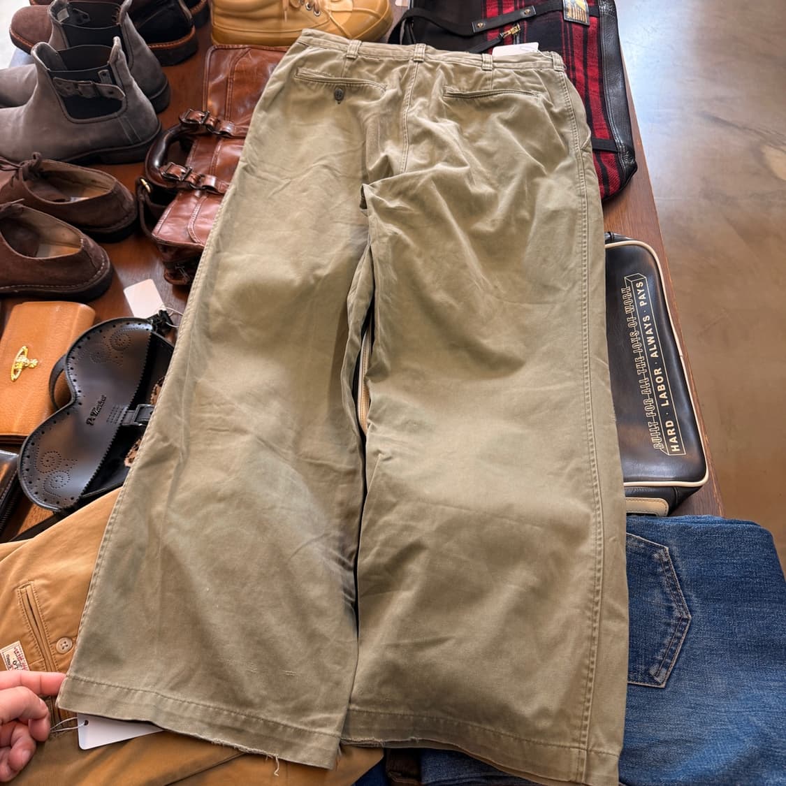 쇼트 NYC 일본생산 올리브 치노 팬츠 데미지 힐바이트 30 31 상품이미지5