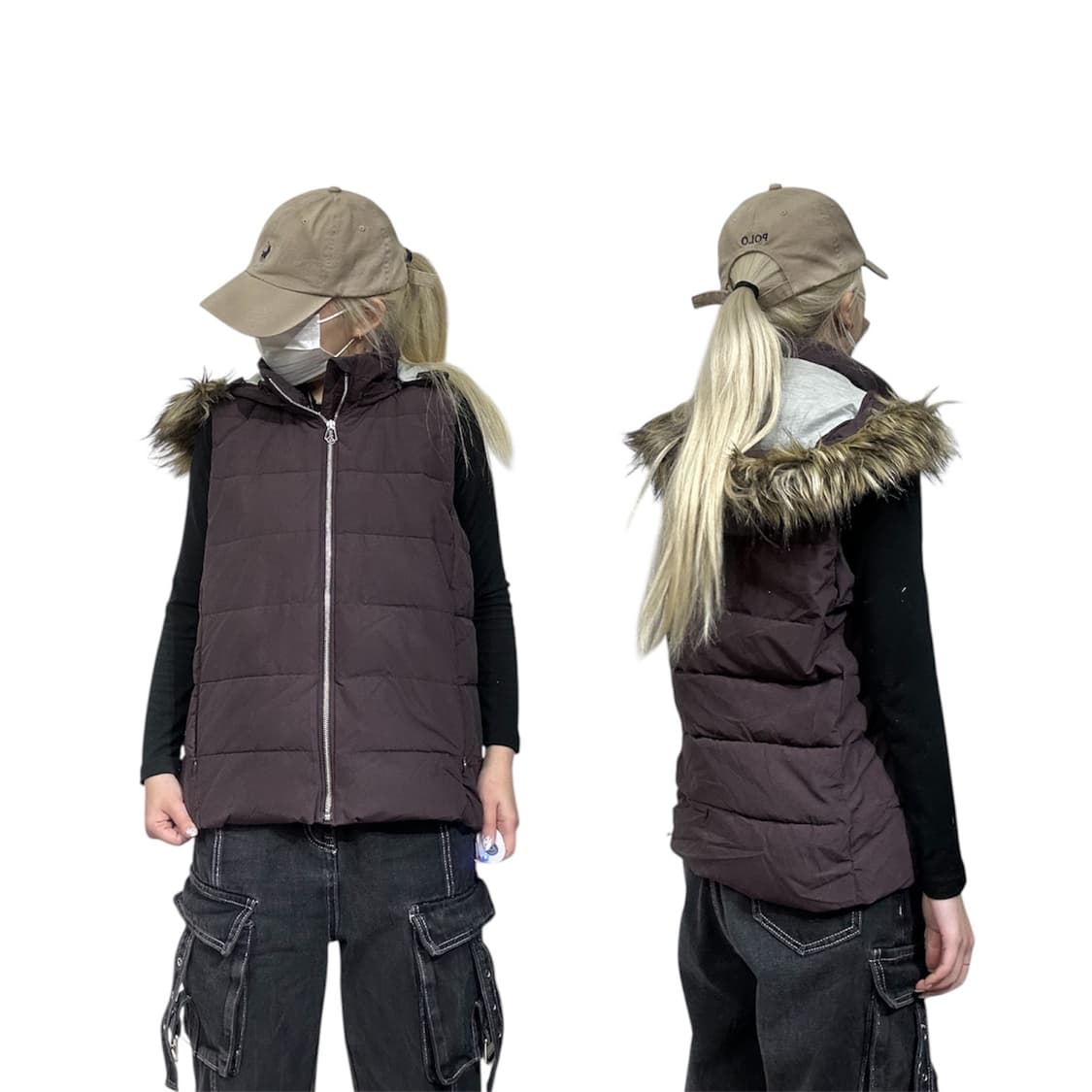 Gap 갭 버건디 y2k 패딩 조끼 울프죠 퍼 후드 베스트 M 상품이미지1