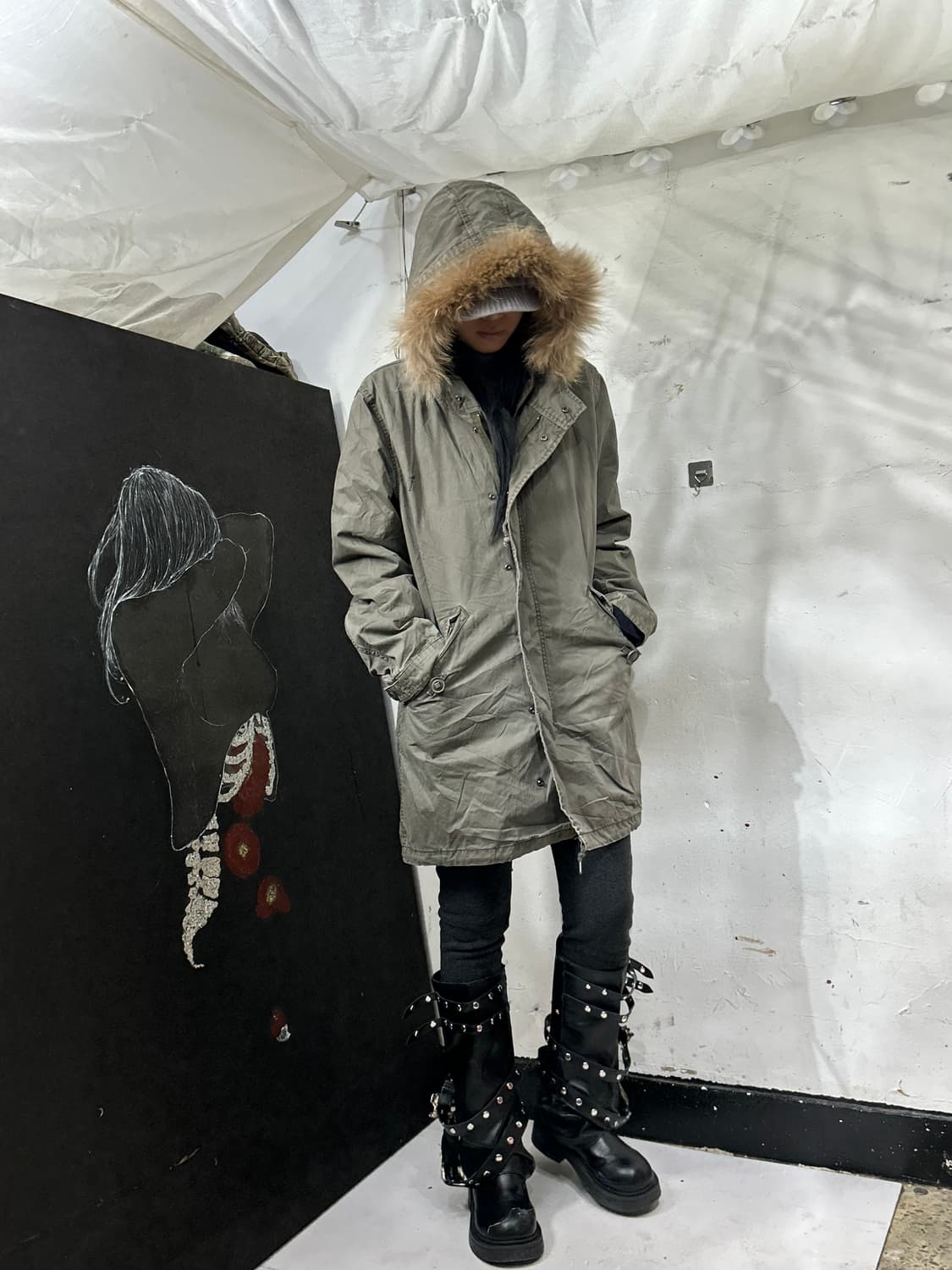 일본빈티지 울프죠 퍼 후드 야상 개파카 y2k L 상품이미지3