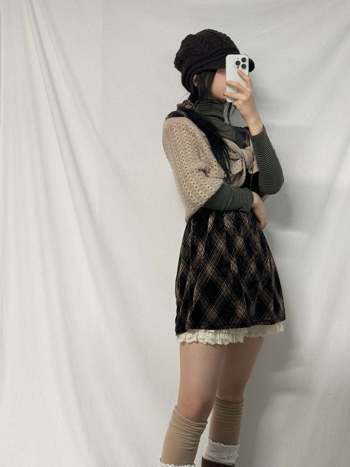 체크  패턴 벨벳 초코 페어리 원피스 3pcs SET 상품이미지4