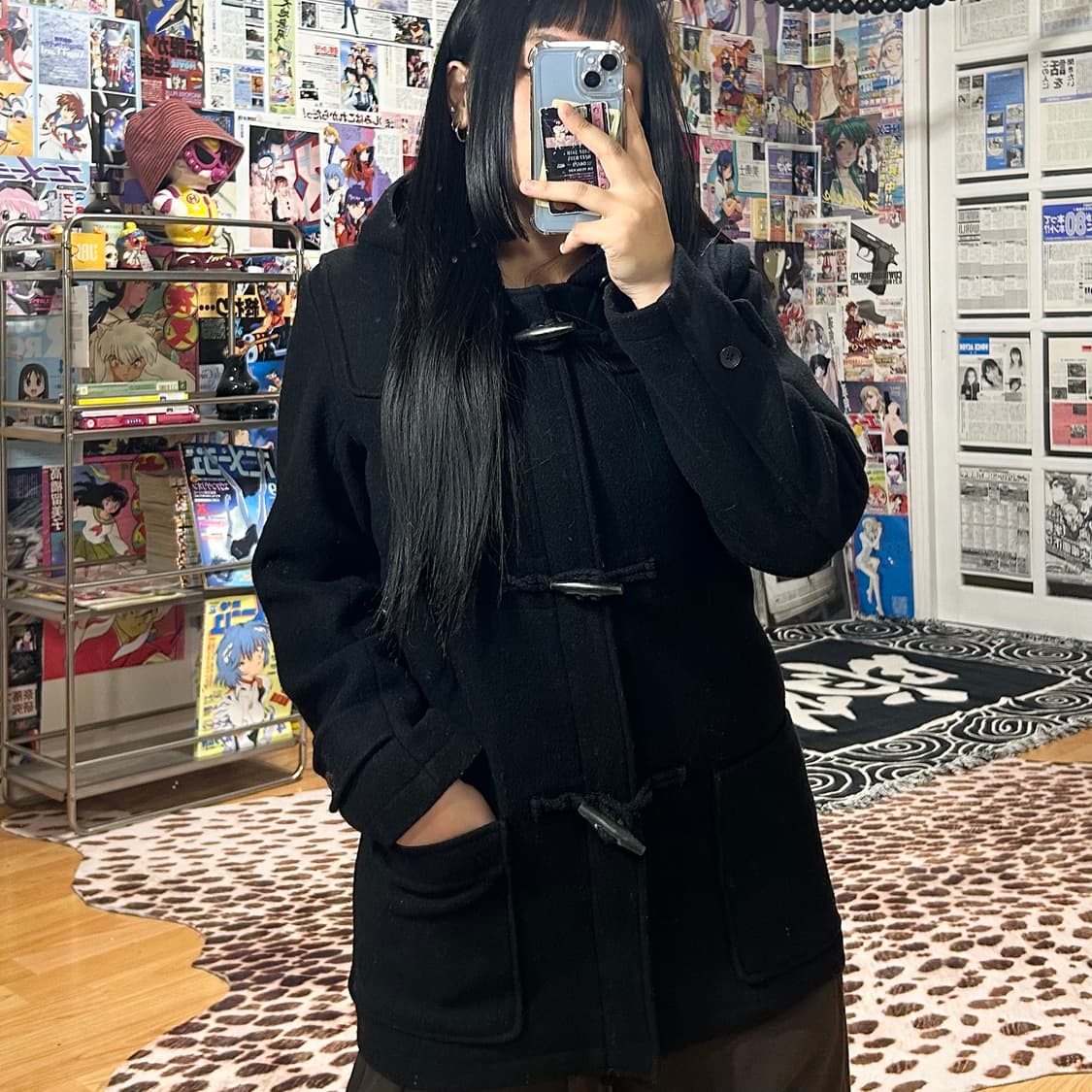 JPN 빈티지 블랙 후드 떡볶이 미디 코트 상품이미지2