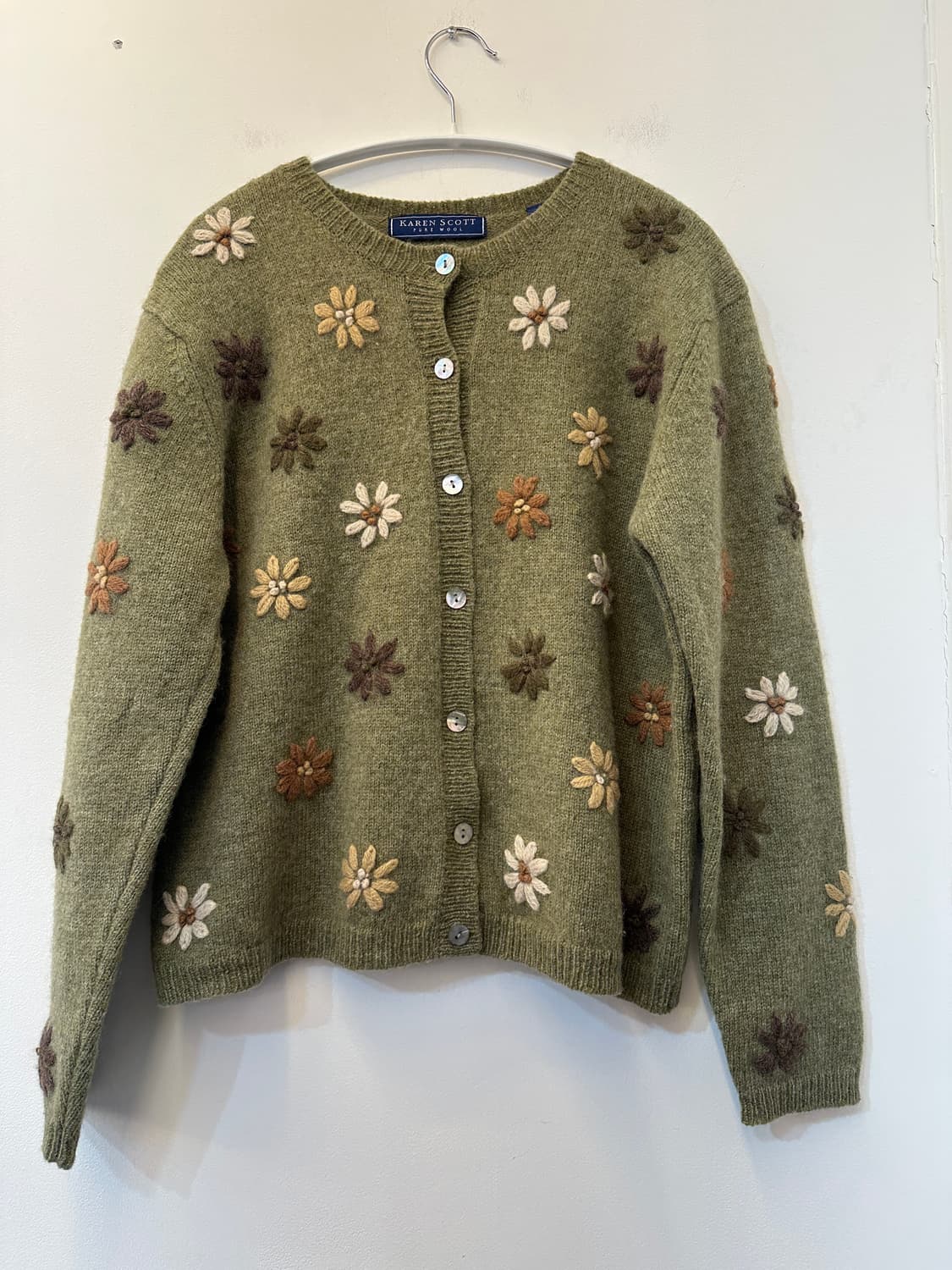 L) karen scott 호주 퓨어 울 카키 플라워 가디건 상품이미지1