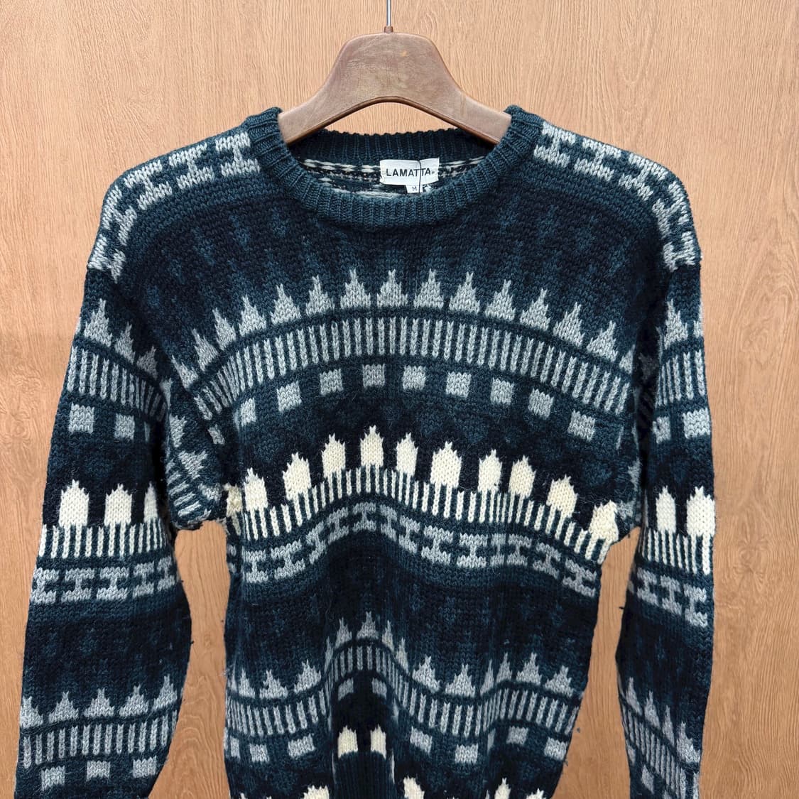 빈티지 라운드넥 긴팔 울 니트 노르딕 페어아일 패턴 디테일 그린 네이비 상품이미지4