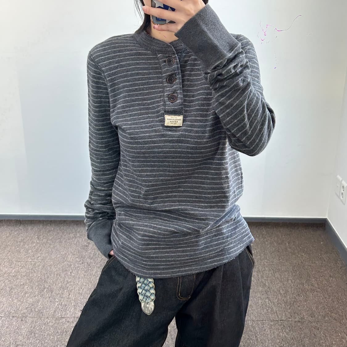 Abrcrombie 아베크롬비 그레이 스트라이프 헨리넥 롱슬리브 상품이미지2