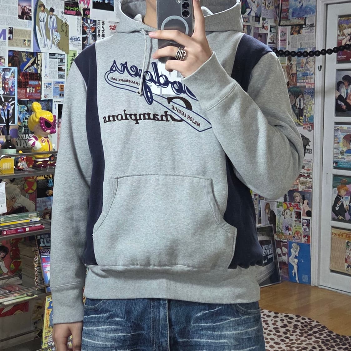 엠엘비 00S 다저스 네이비 골지 배색 후드티 상품이미지1