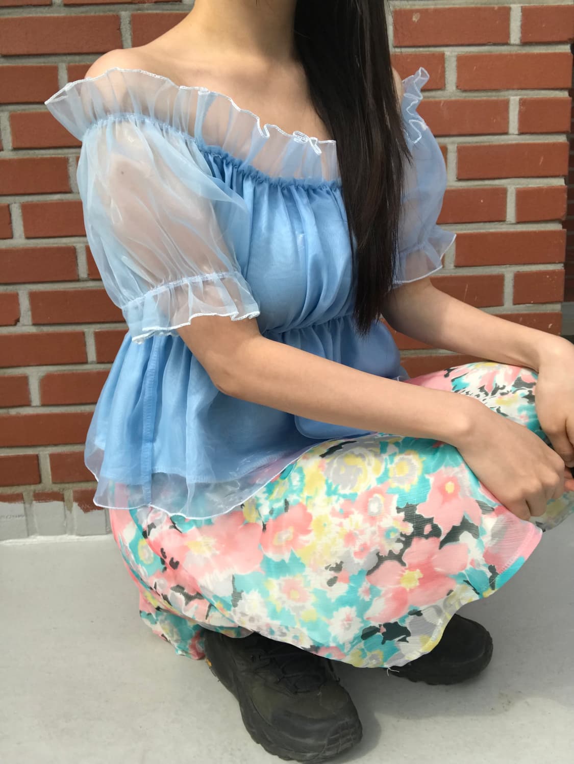 vintage sky blue off-shoulder top 상품이미지2