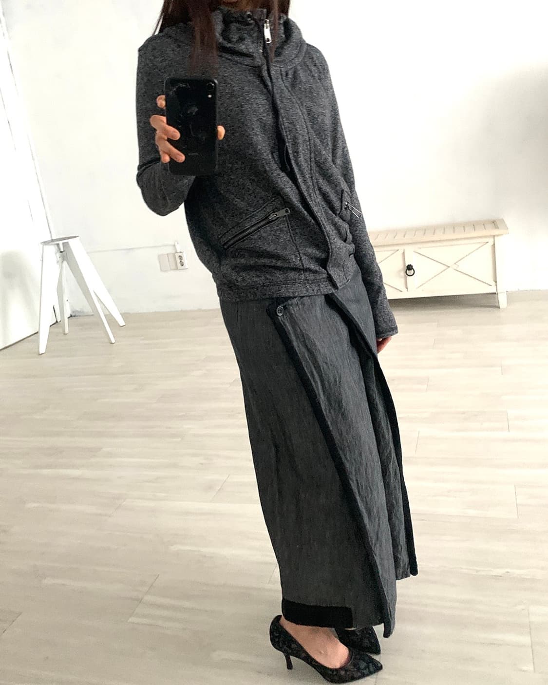 Black Contrast Grey Raw Denim Long Skirt 상품이미지6