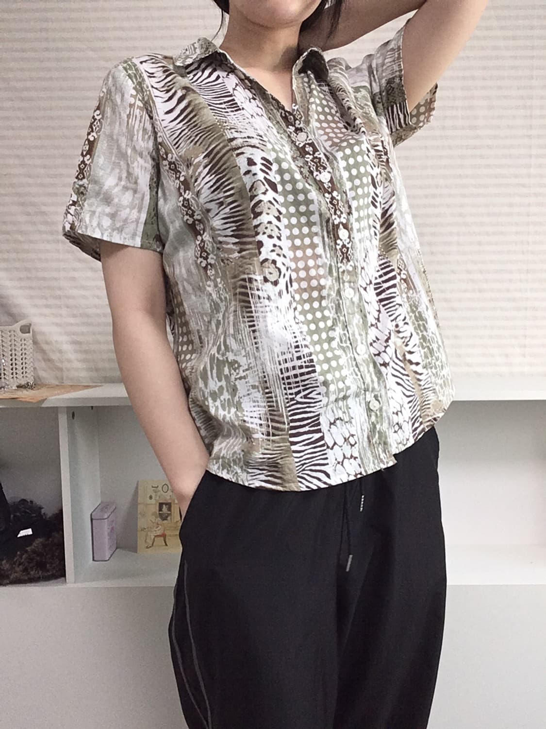 jpn vintage 그린 반팔 셔츠 도트 프린팅 y2k 스트릿 일본빈티 상품이미지1