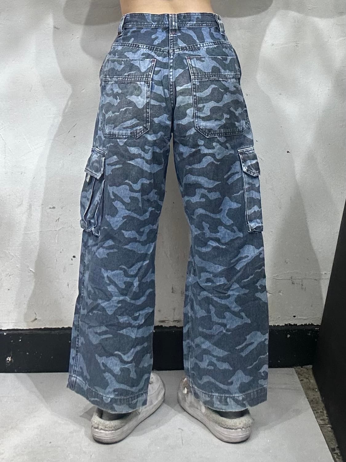일본 빈티지 블루 와이드 더블니 밀리터리 카모 카고 팬츠  상품이미지3