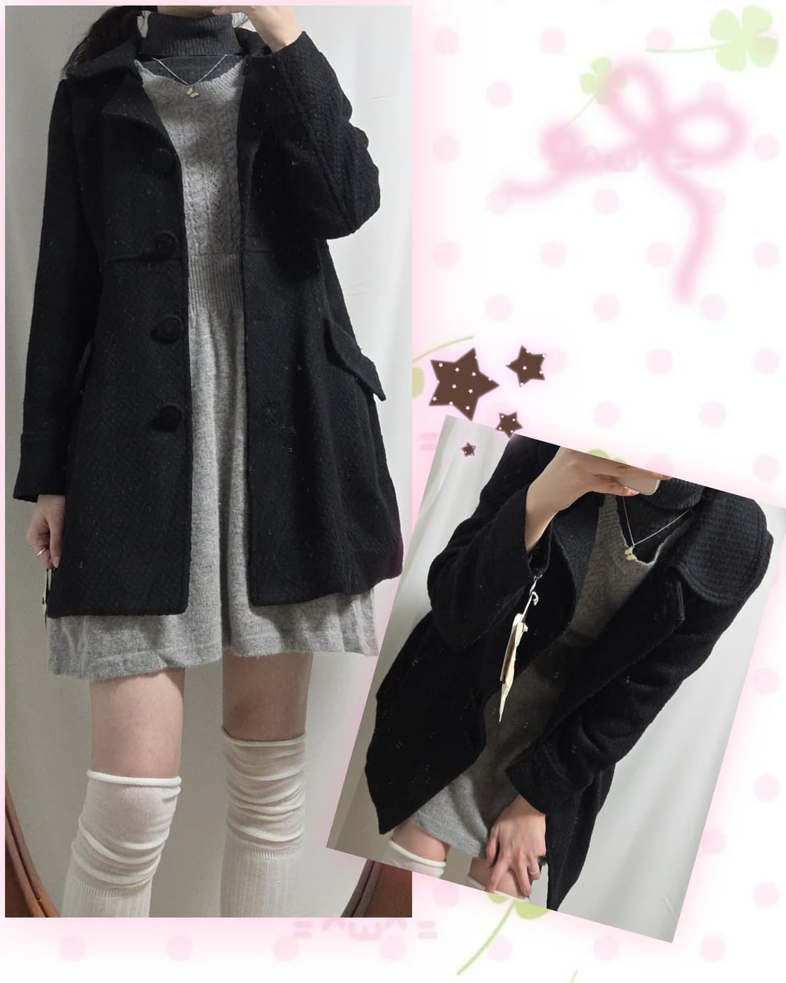 도쿄걸 코디 세트(반팔니트원피스, 차콜 폴라티, 블랙코트, 차콜코트) 상품이미지5