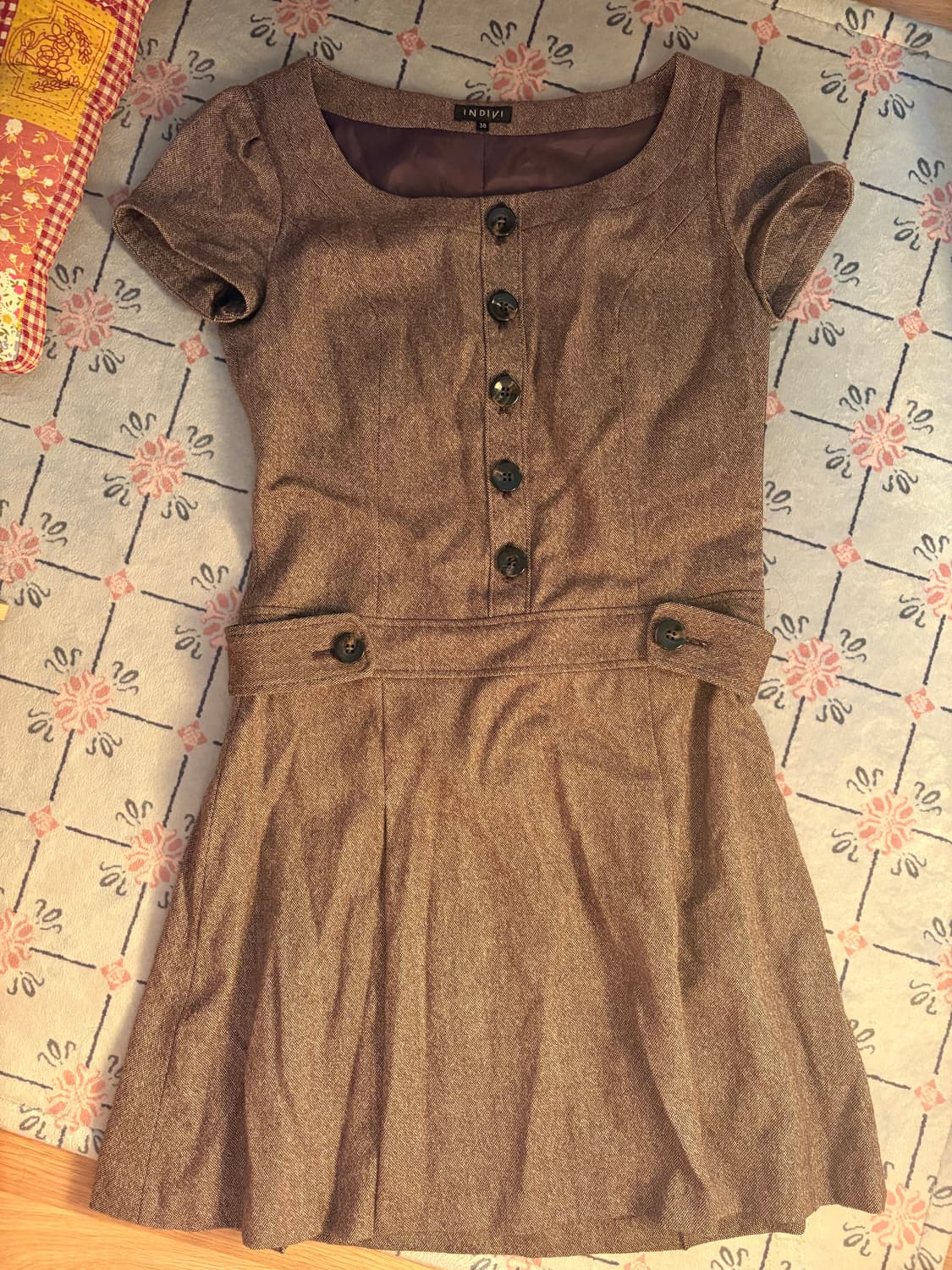 Indivi 빈티지 모직 반팔 미디 원피스 상품이미지1