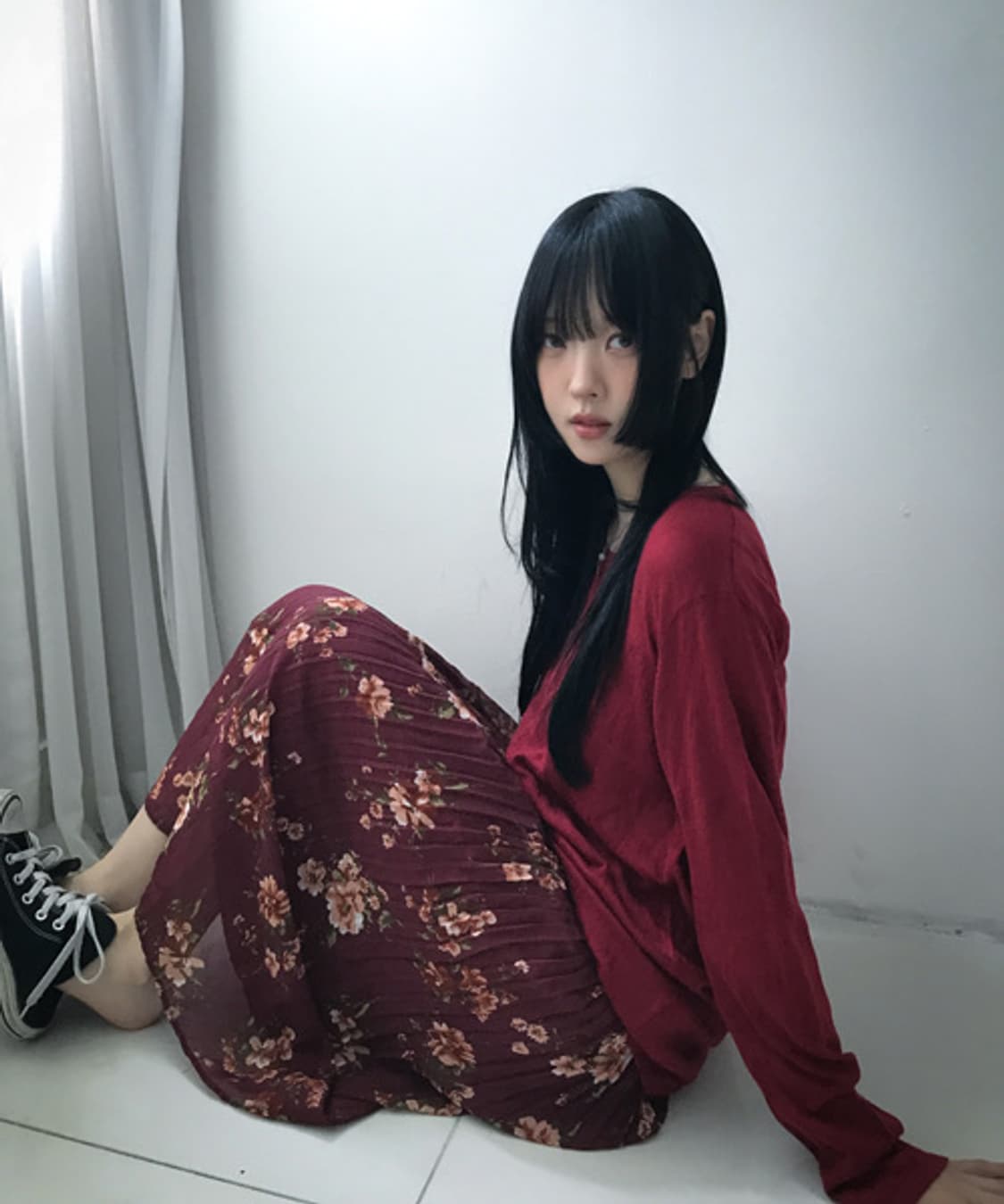 Burgundy Flower Chiffon Skirt 상품이미지1