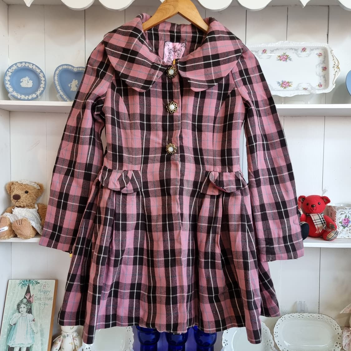 허니번치(Honey Bunch) 딸기초코 체크 빅카라 원피스형 코트 상품이미지2
