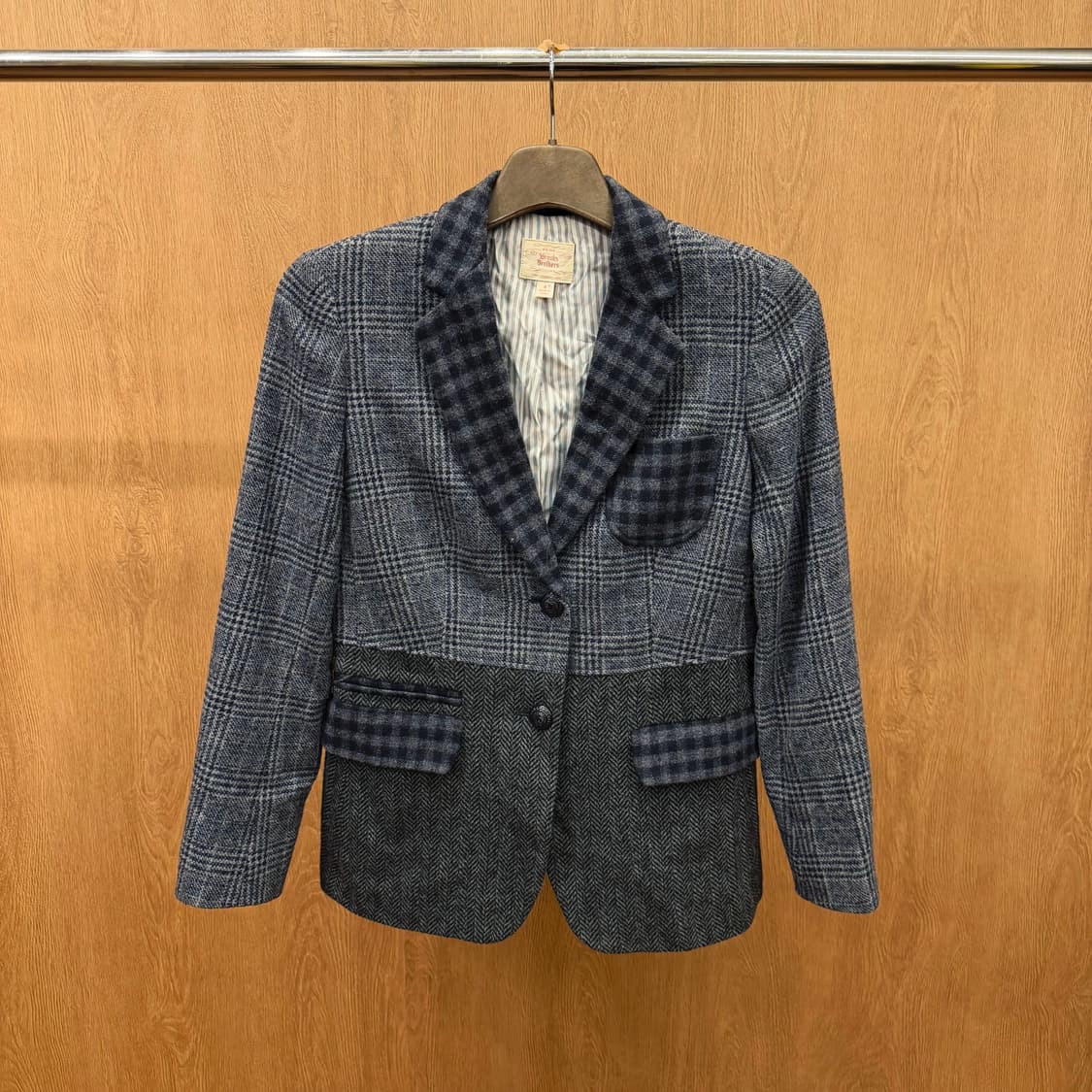 브룩스 브라더스 자켓 숄카라 멀티 체크 패턴 배색 포켓 디테일 그레이 상품이미지2