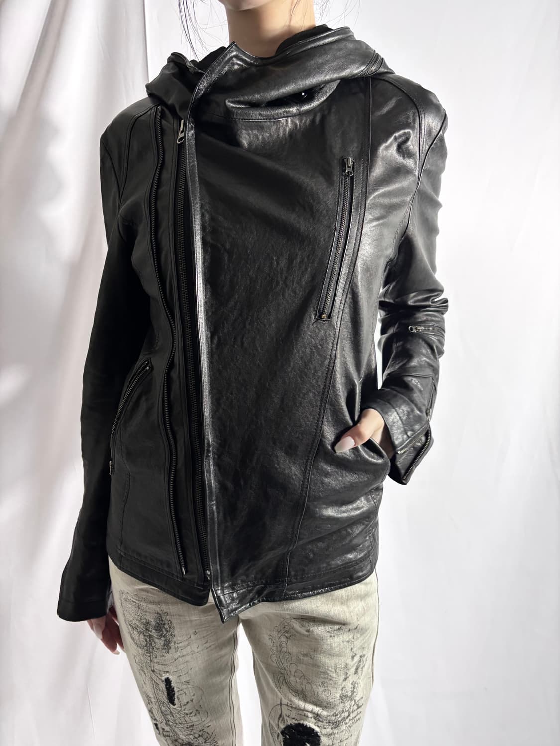 Italian Leather Sculptural Moto Jacket 상품이미지3