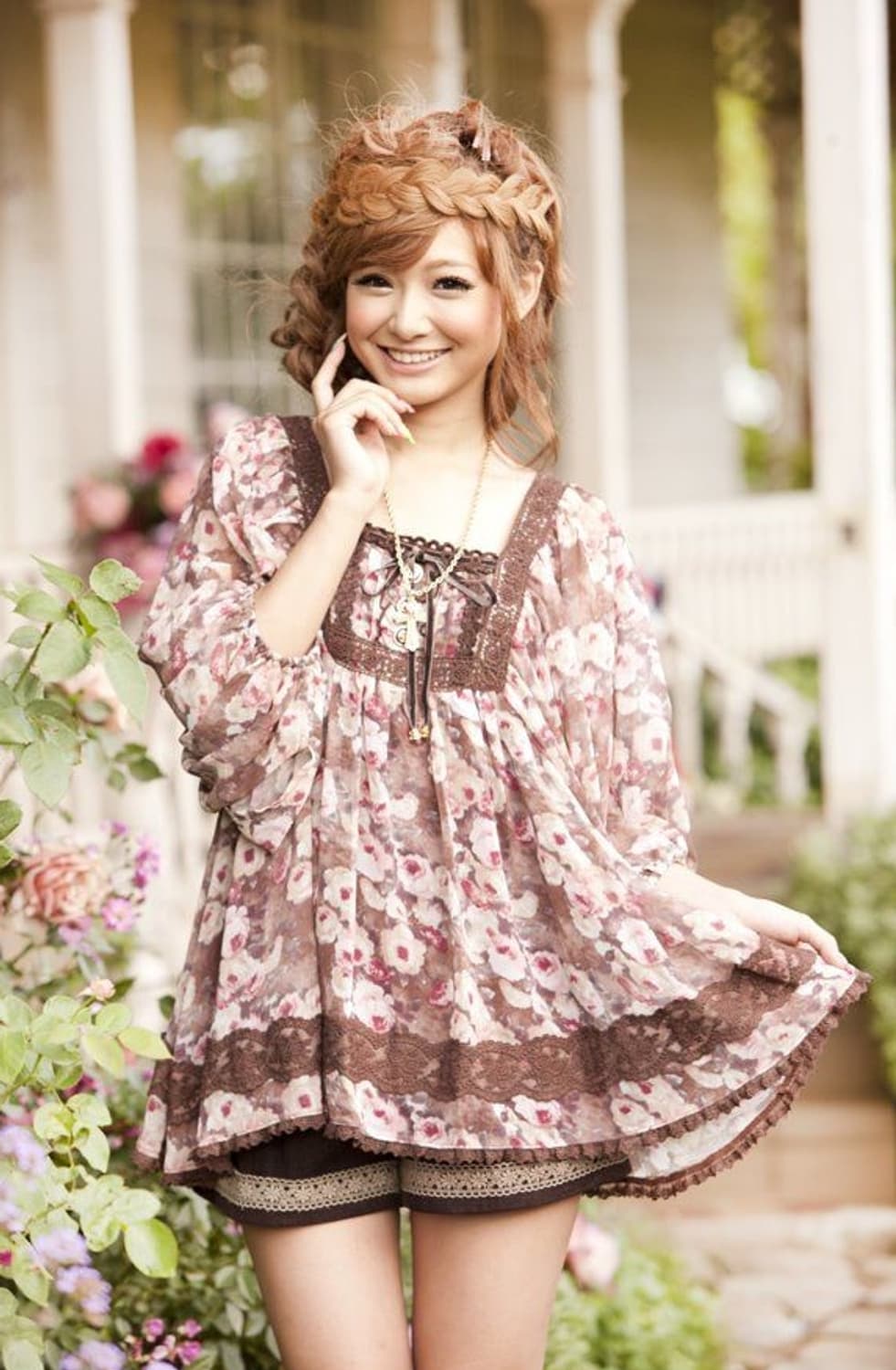 리즈리사 고전 히메갸루  핑크 앤틱꽃무늬 쉬폰 튜닉 상품이미지2