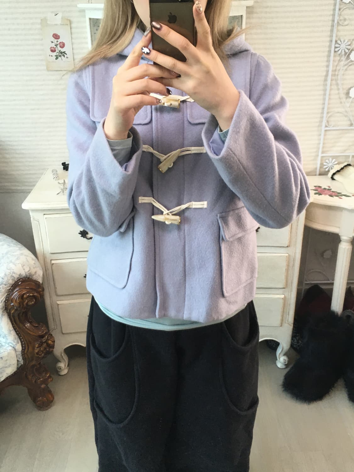 일본빈티지 페일 퍼플 후드 더플 코트 상품이미지4