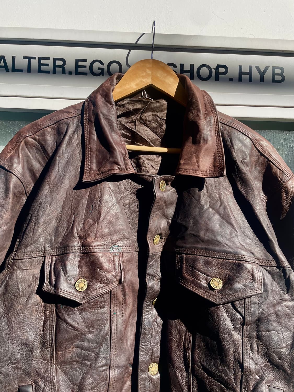 Vintage Brown Leather Trucker Jacket 상품이미지4