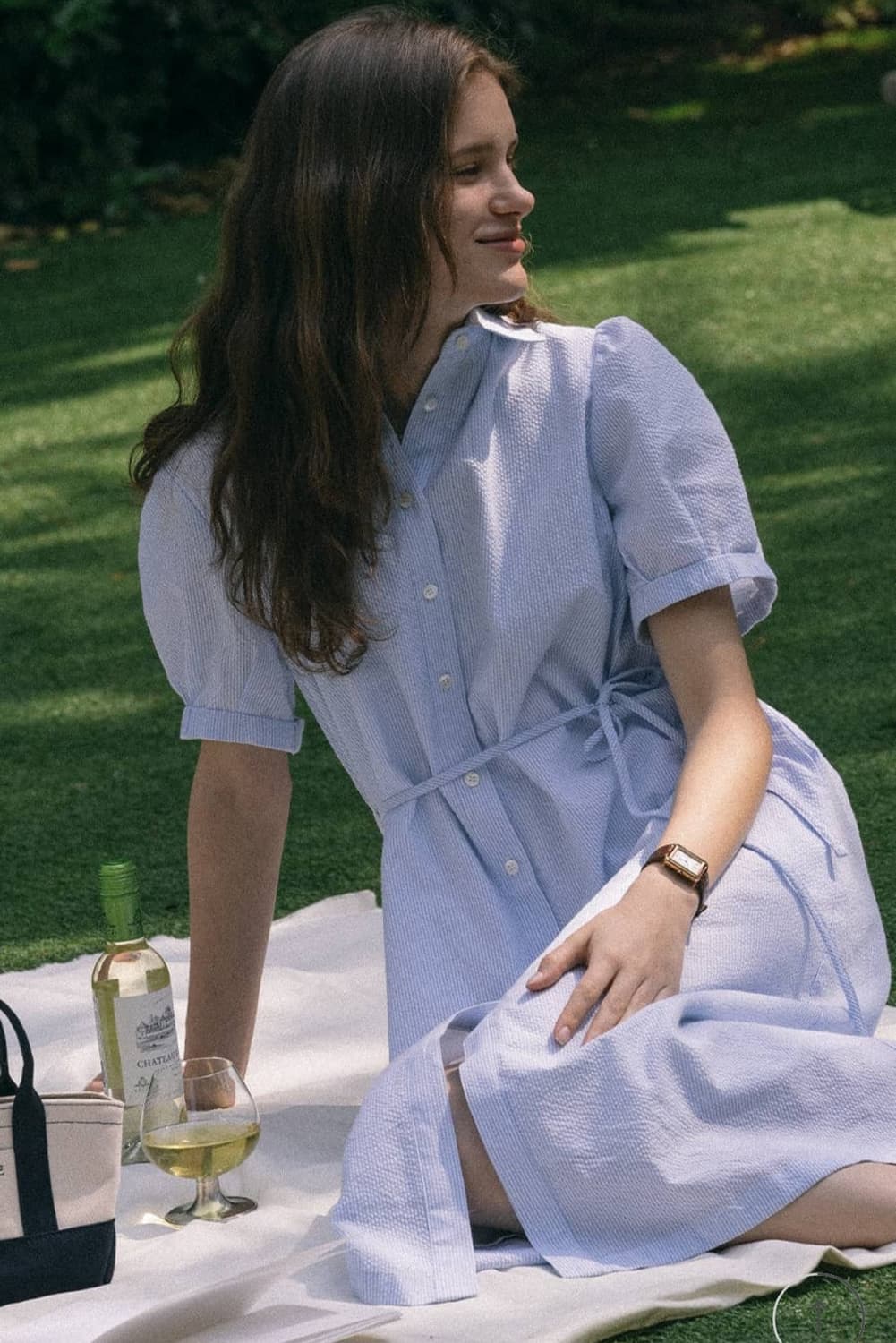 택달린새상품) 틸아이다이 스트라이프 시어서커 원피스 블루 하늘색 스트링  상품이미지2