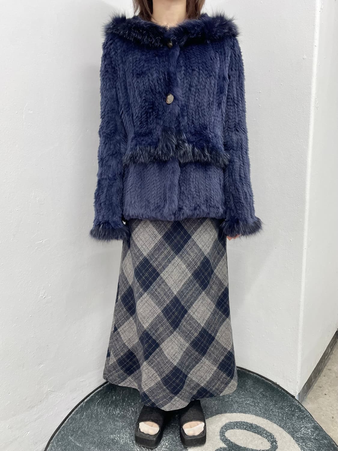 네이비 체크 롱 스커트 상품이미지3