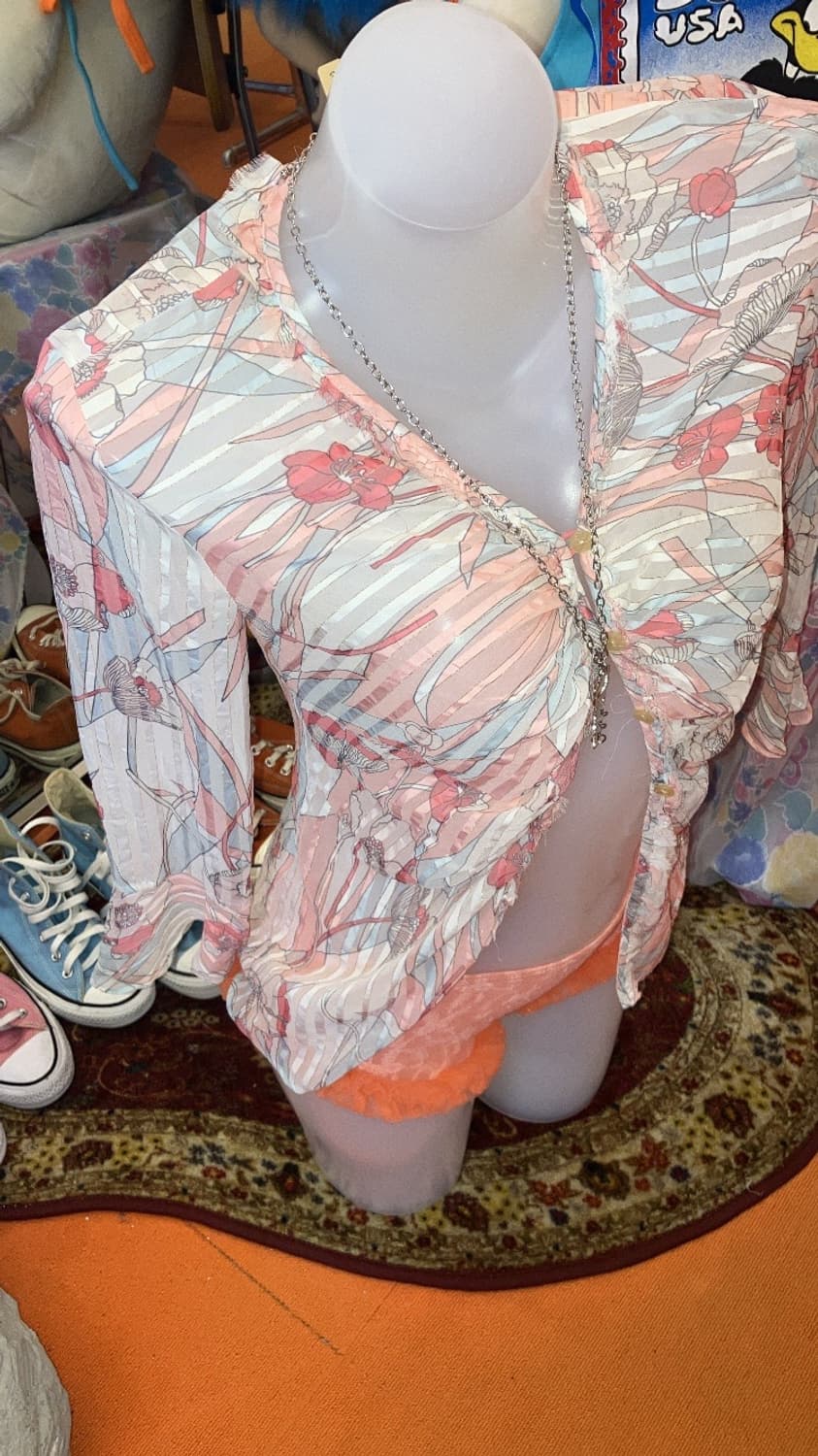 빈티지 핑크 히비스커스 시스루 블라우스 상품이미지2
