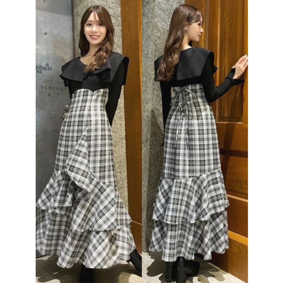 일본 빈티지 일브 브랜드 체크 회색 원피스 스나계 상품이미지3