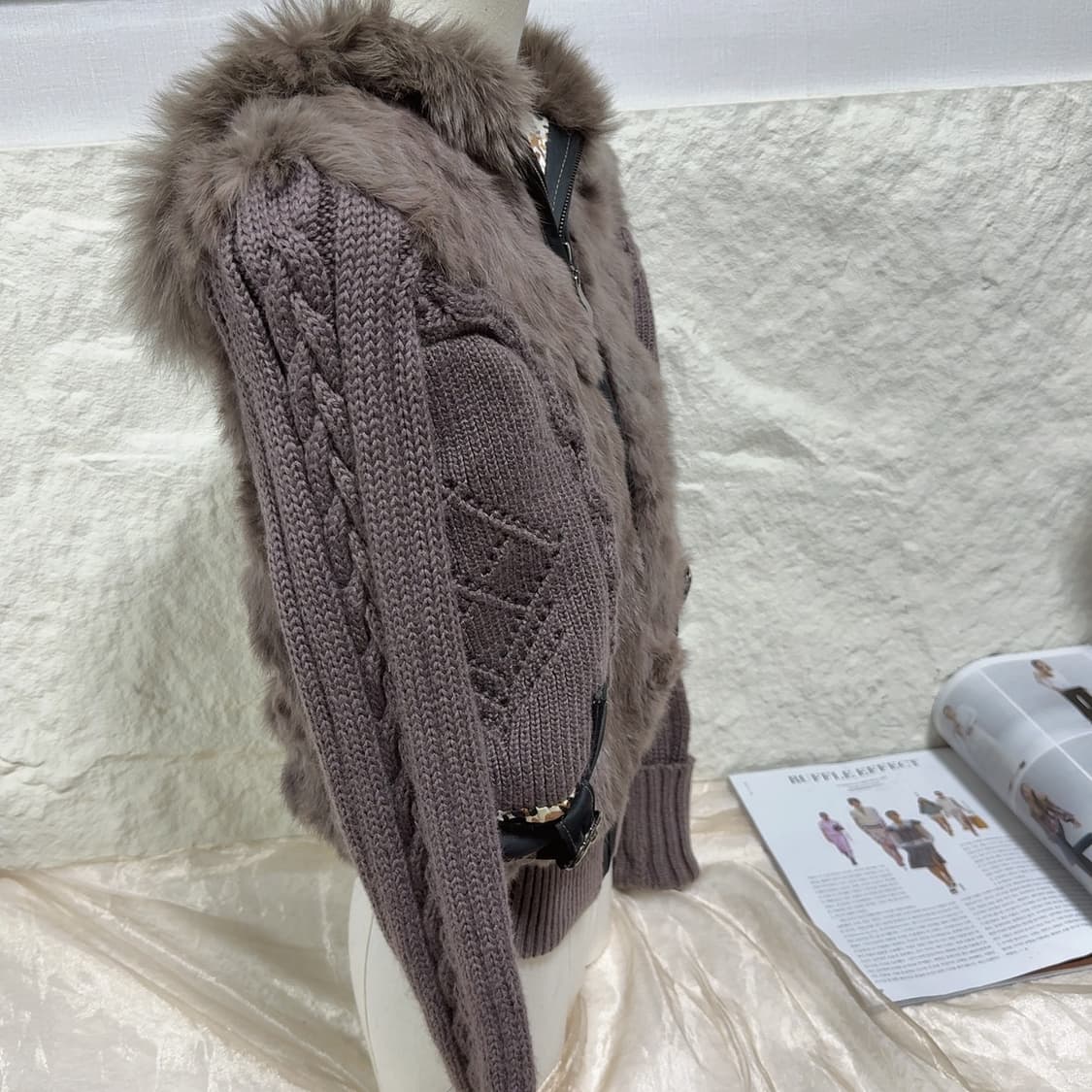 빈티지 보라 브라운 폭스 후드 꽈배기 캣츠아이 매듭  토끼털 니트자켓 상품이미지3