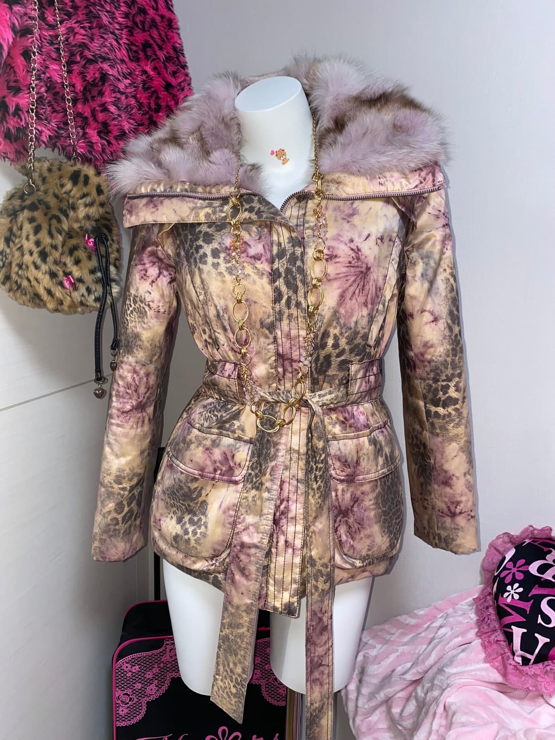 빈티지 레오파드 라벤더 퍼 패딩 오리엔탈 페어리 갸루 호피 상품이미지1