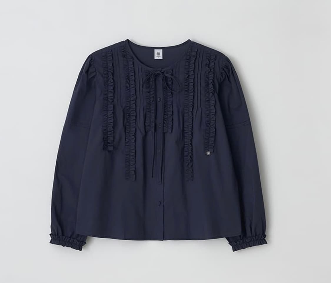 론론 프릴 러플 리본 타이 빈티지 블라우스 네이비 상품이미지2