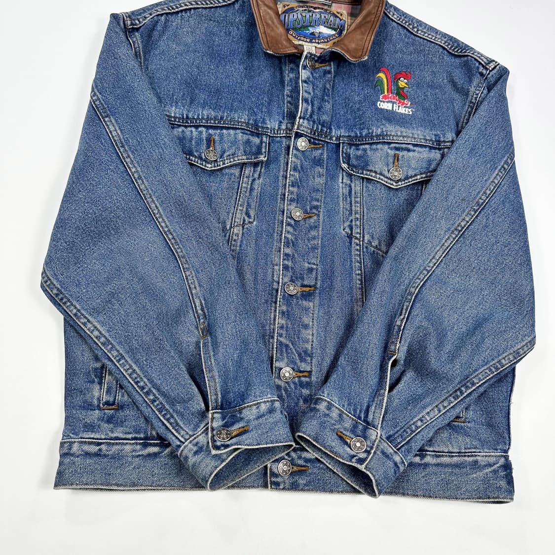 90s 아메리칸 빈티지 켈로그 레더 카라 데님 트러커자켓 M 상품이미지3