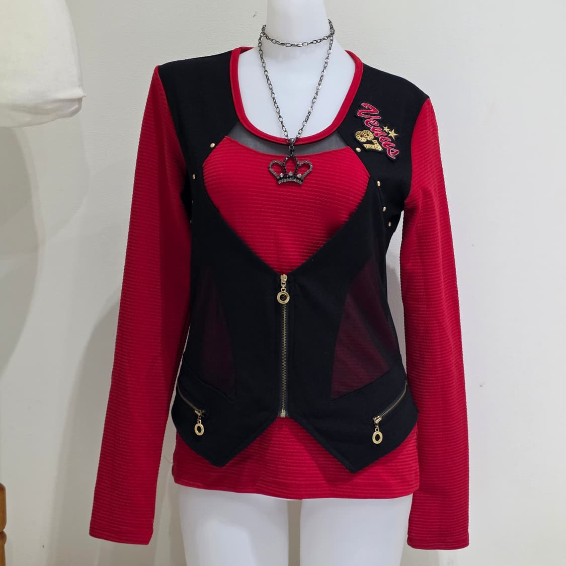 빈티지)레드x블랙 오네갸루y2k 대대장 베메클깔레이어드 베스트롱슬리브집업 상품이미지1