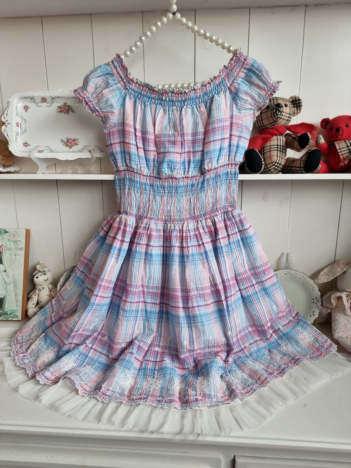 Tralala(트랄라라) 딸기우유 체크 샤링 원피스 상품이미지5