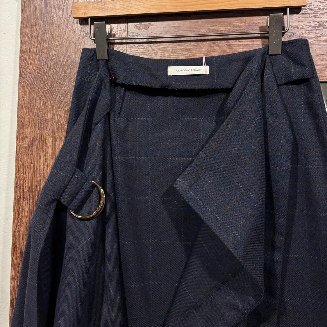 일본 빈티지 네이비 체크 벨티트 드레이프 롱 랩스커트 상품이미지4